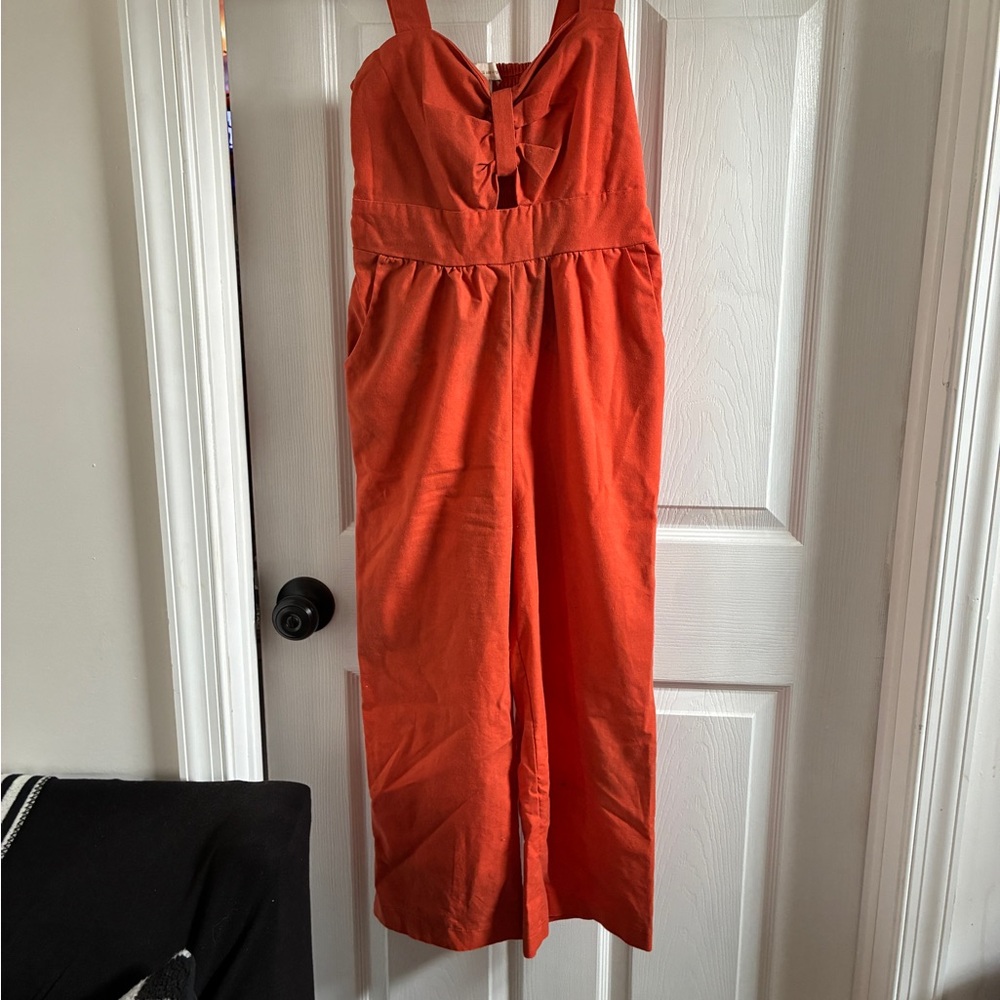 Red Wide-Leg Jumpsuit with Bow Front